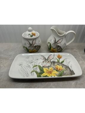 🌸 Maxcera -Charming Easter Bunny & Daffodil 3-Piece Ceramic Tea Set 🌸